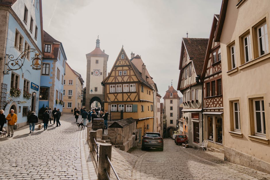 Backpacker walking through German town