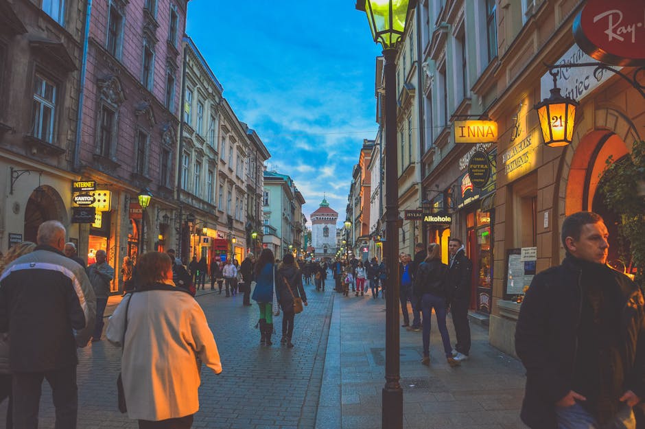 couple walking in Krakow old town