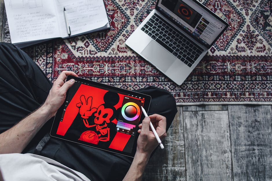 digital artist creating art using AI software on tablet, colorful, futuristic