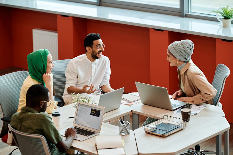 diverse team collaborating in modern office