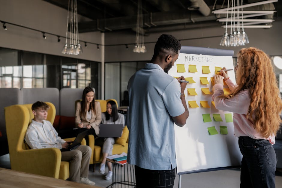 diverse team collaborating on a marketing strategy in a modern office