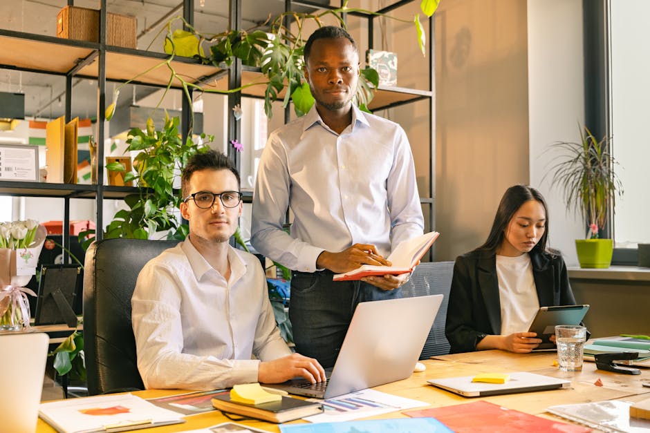 Diverse team using AI tools in modern office