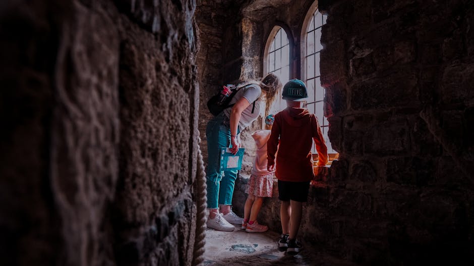 family exploring medieval castle