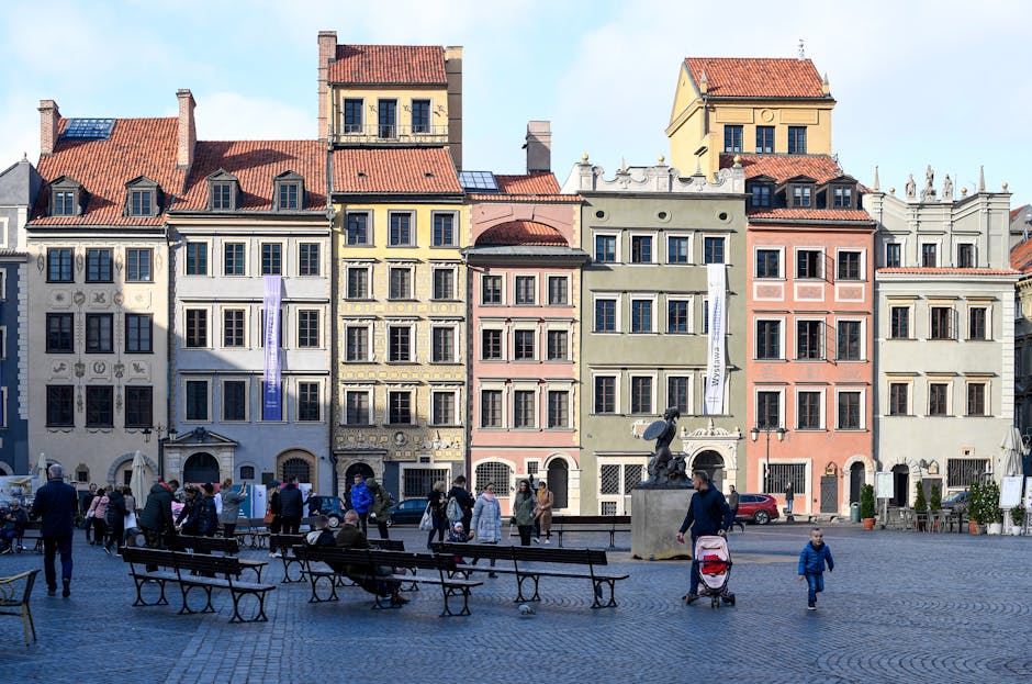 family walking through old town square
