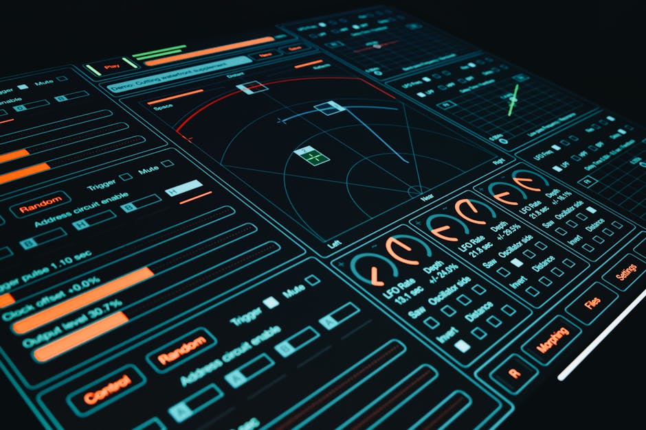futuristic office environment with glowing interfaces
