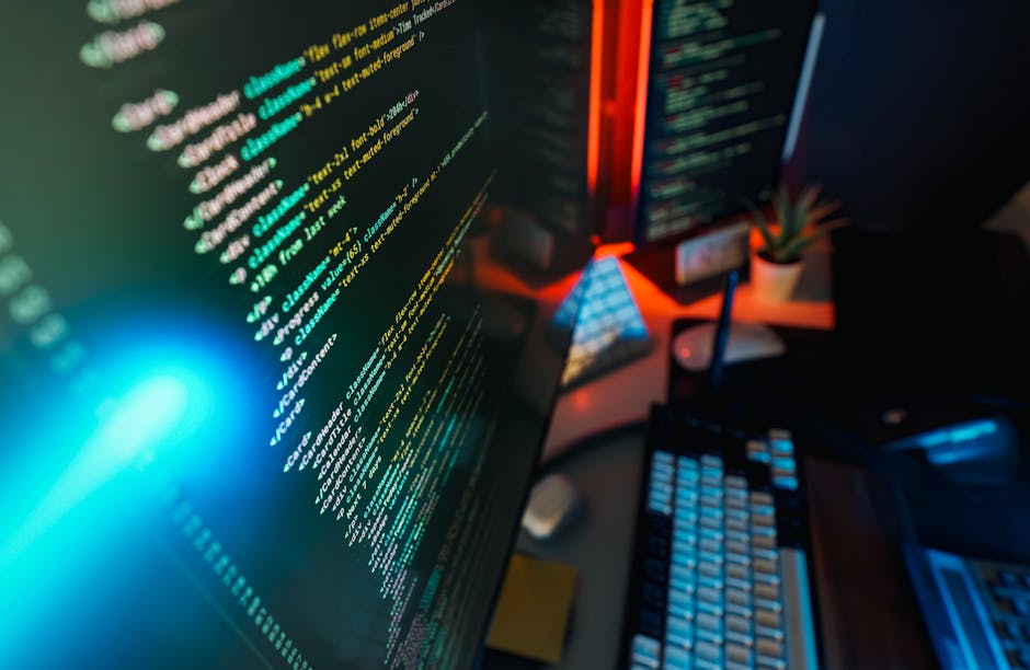 futuristic office with glowing screens and data