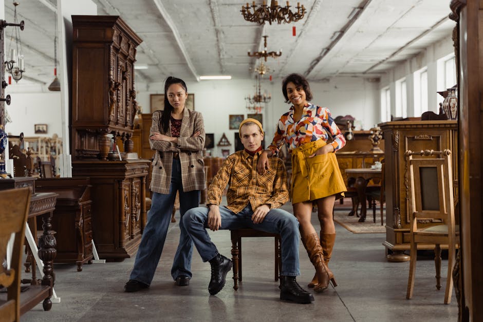 group of diverse women  in a vintage clothing store