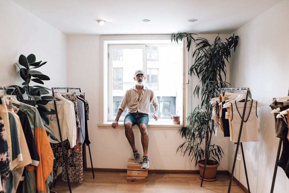 man in minimalist clothing store