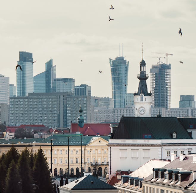 Modern Warsaw skyline with old town