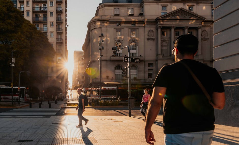 People walking in a scenic city