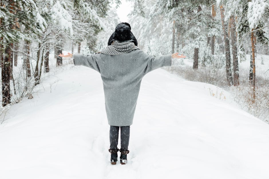 person in warm winter coat snow
