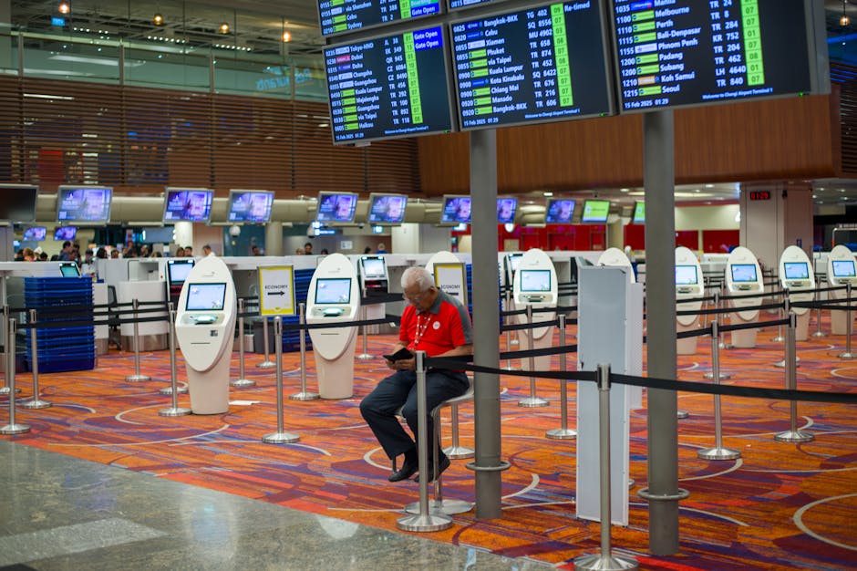 person using smartphone to check flight information at airport