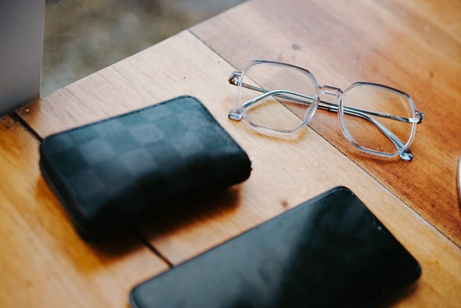 Stylish accessories on a neat wooden table