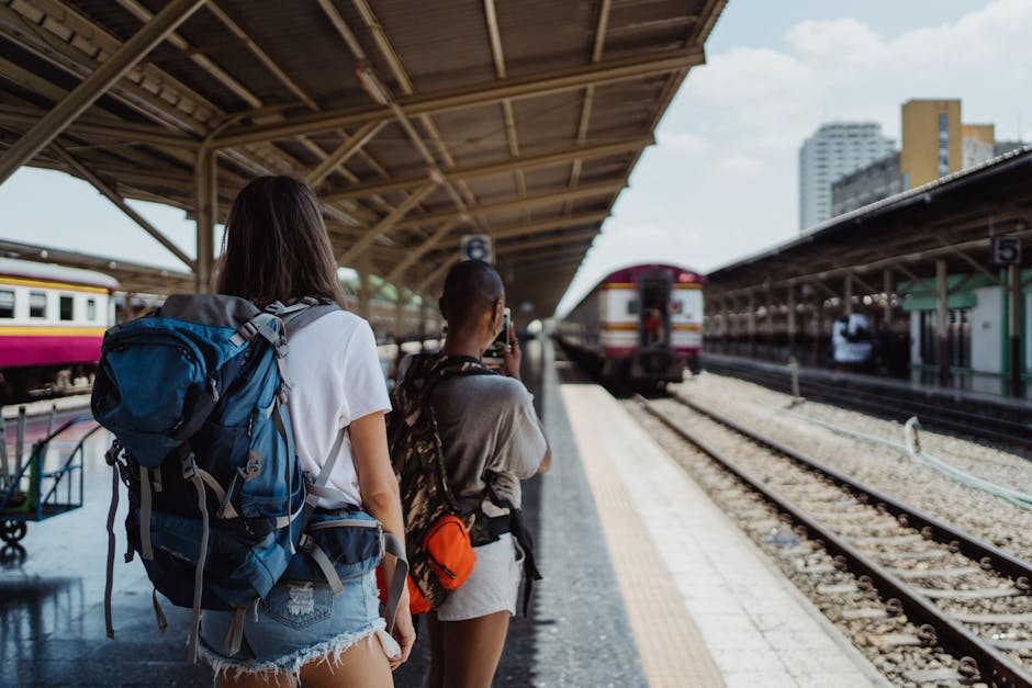 travel backpack on train station platform