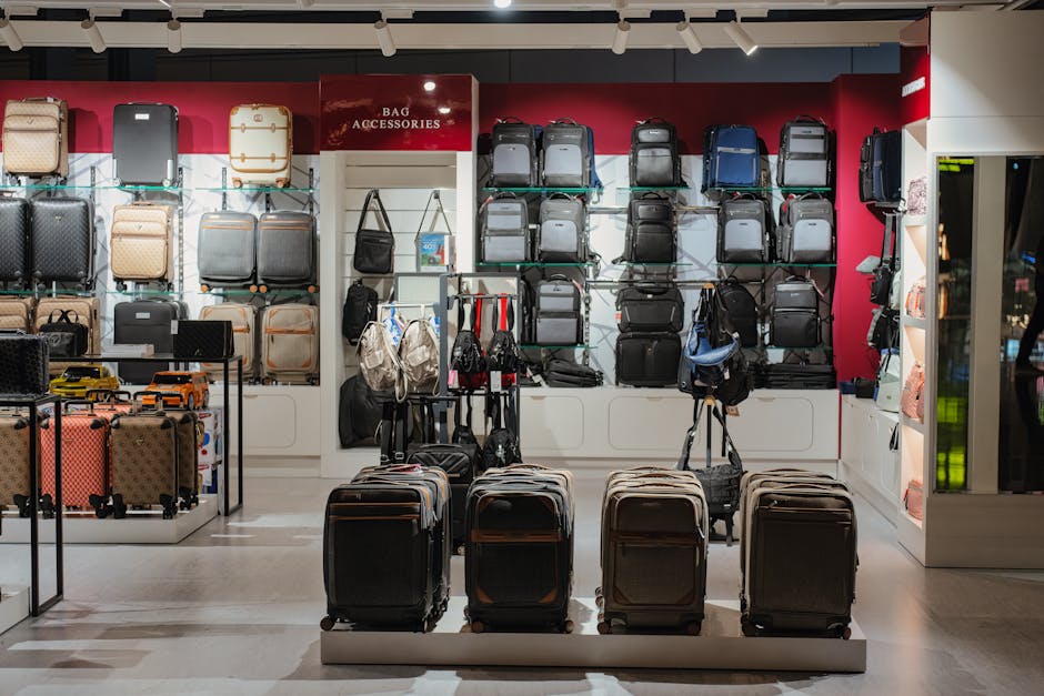 various types of luggage on airport floor