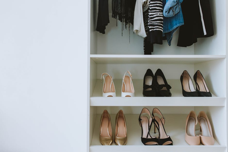 wardrobe with various types of clothes and shoes
