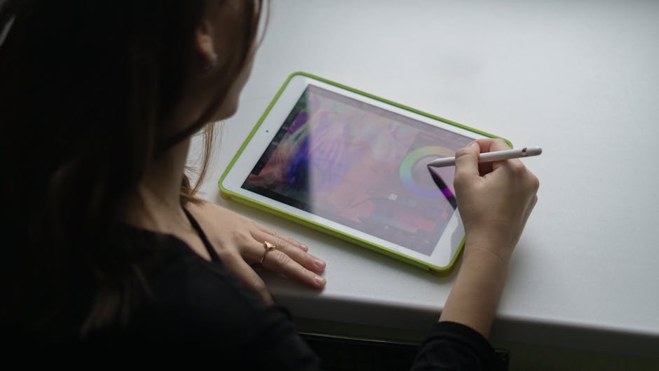 woman looking at AI generated art on tablet