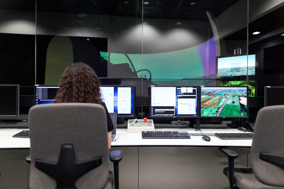 woman looking at data on multiple screens