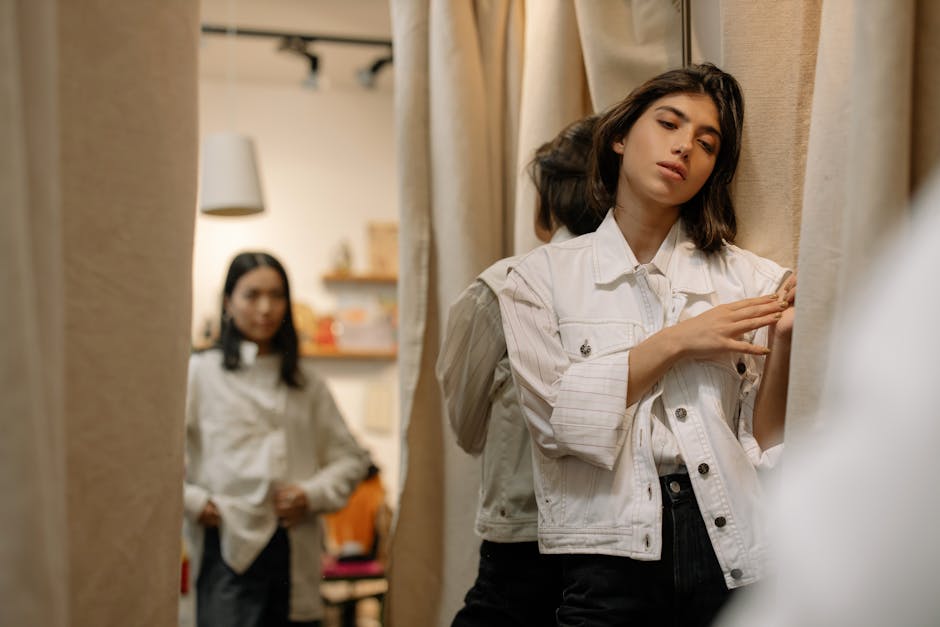 woman trying clothes thrift shop