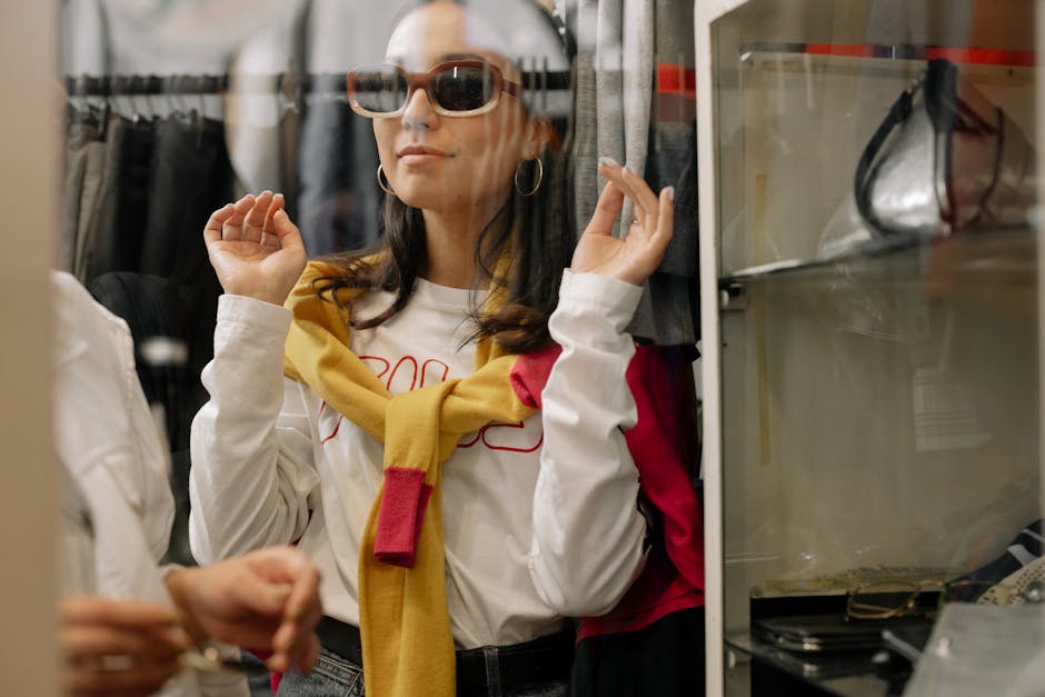 woman trying clothes vintage store