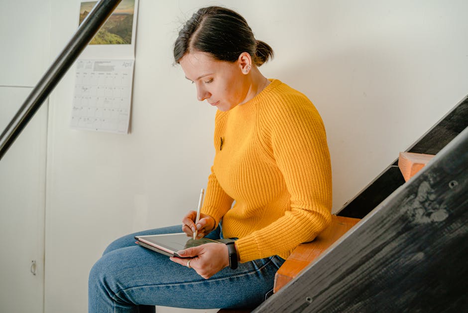 woman using AI writing assistant on tablet